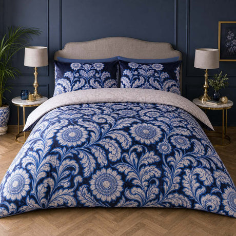 Laurence Llewelyn-Bowen Romilly Velvet Floral Duvet Cover Set styled on a bed in a coordinated bedroom lifestyle scene