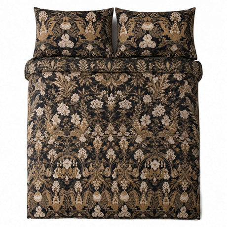 Overhead flat lay of the Laurence Llewelyn-Bowen Suburban Jungle Cotton Duvet Cover Set with two matching pillowcases