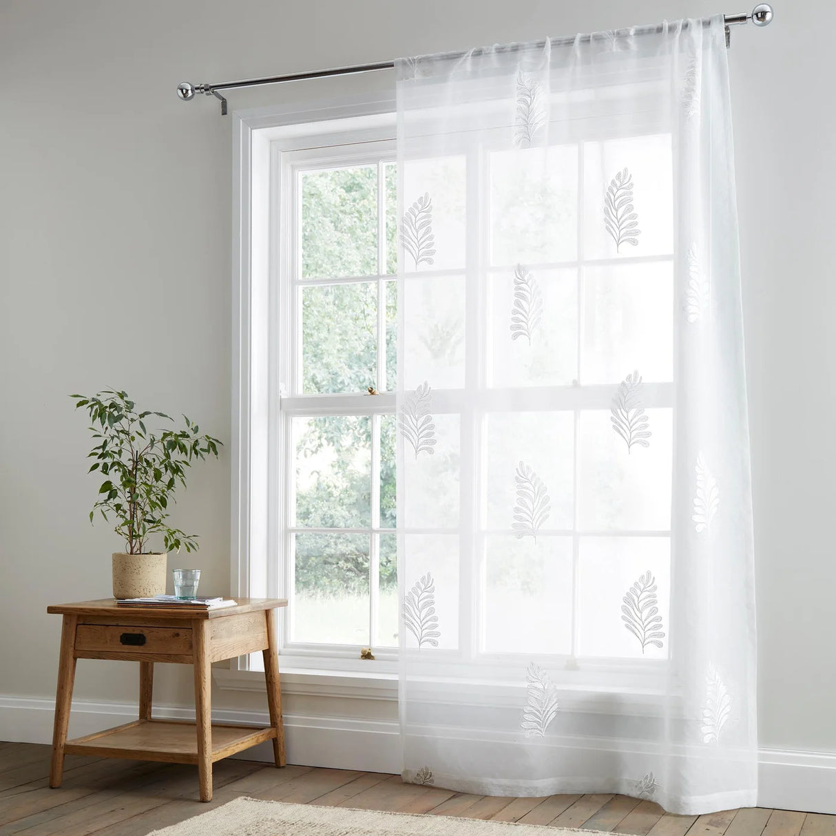 Appletree Heritage Leaf Embroidery White Recycled Voile Curtain Panel