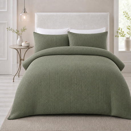 Lindly Waffle Microfibre Duvet Cover Set in green styled on a coordinated bedroom bed