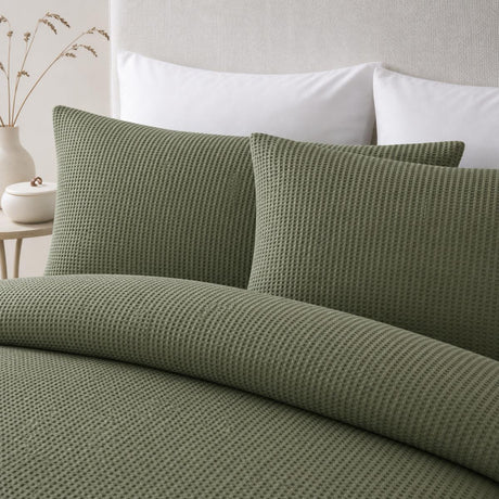 Close-up of Lindly Waffle Microfibre Duvet Cover Set in green pillowcases showing the print and fabric detail