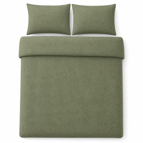 Overhead flat lay of the Lindly Waffle Microfibre Duvet Cover Set in green with two matching pillowcases