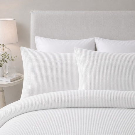 Close-up of Lindly Waffle Microfibre Duvet Cover Set in white pillowcases showing the print and fabric detail