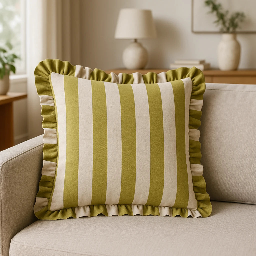 Linen Stripe Linen / Olive Cushion Cover or Filled Cushion 50cm x 50cm
