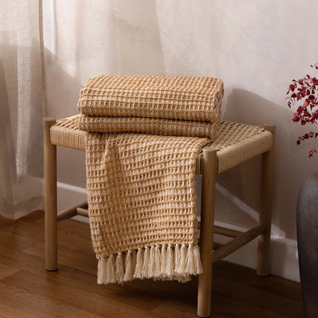 Lorne Waffle Tasselled Honey 100% Cotton Throw Blanket 150cm x 200cm - additional product view 1