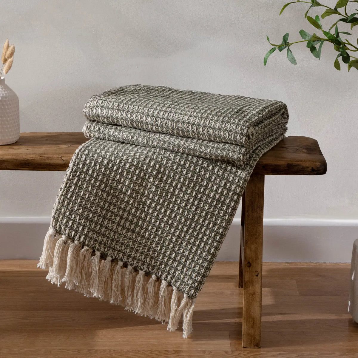 Lorne Waffle Tasselled Lichen 100% Cotton Throw Blanket 150cm x 200cm - additional product view 1