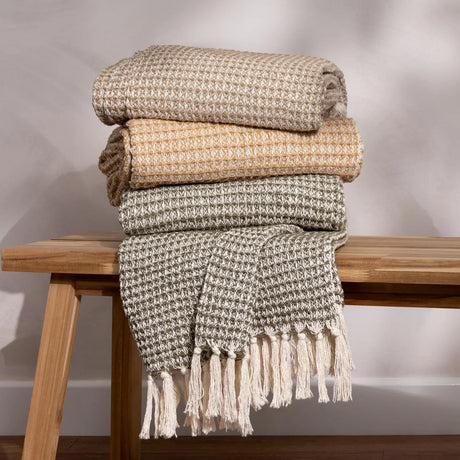 Lorne Waffle Tasselled Lichen 100% Cotton Throw Blanket 150cm x 200cm - additional product view 4