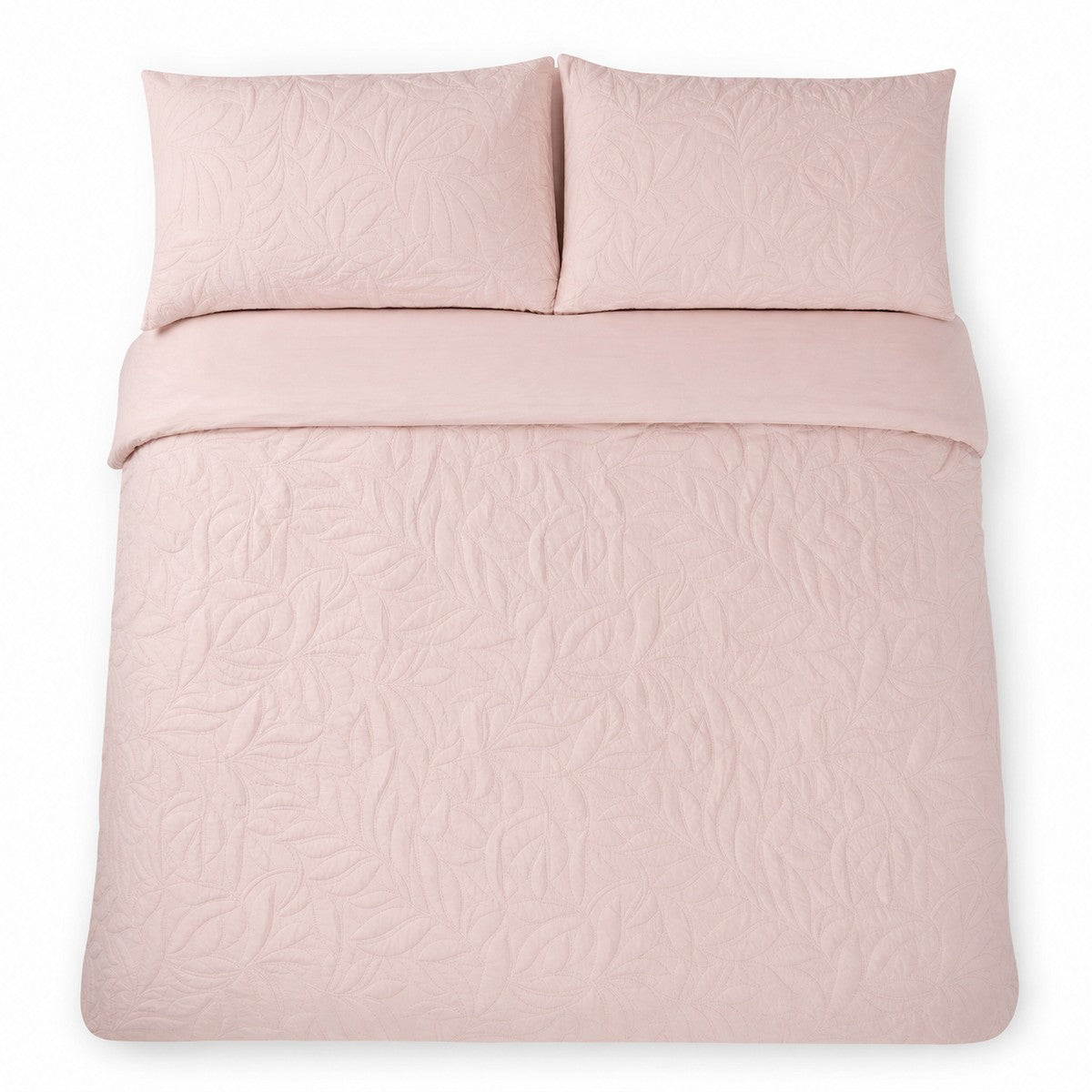 Overhead flat lay of the Luana Blush duvet cover set with two matching pillowcases