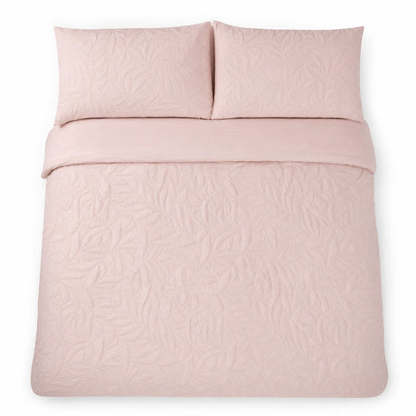 Overhead flat lay of the Luana Blush duvet cover set with two matching pillowcases