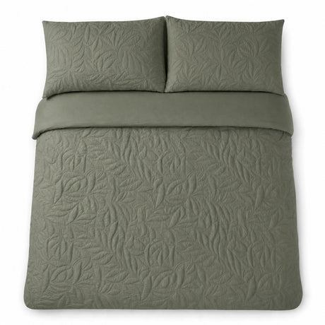Overhead flat lay of the Luana Dark Green duvet cover set with two matching pillowcases