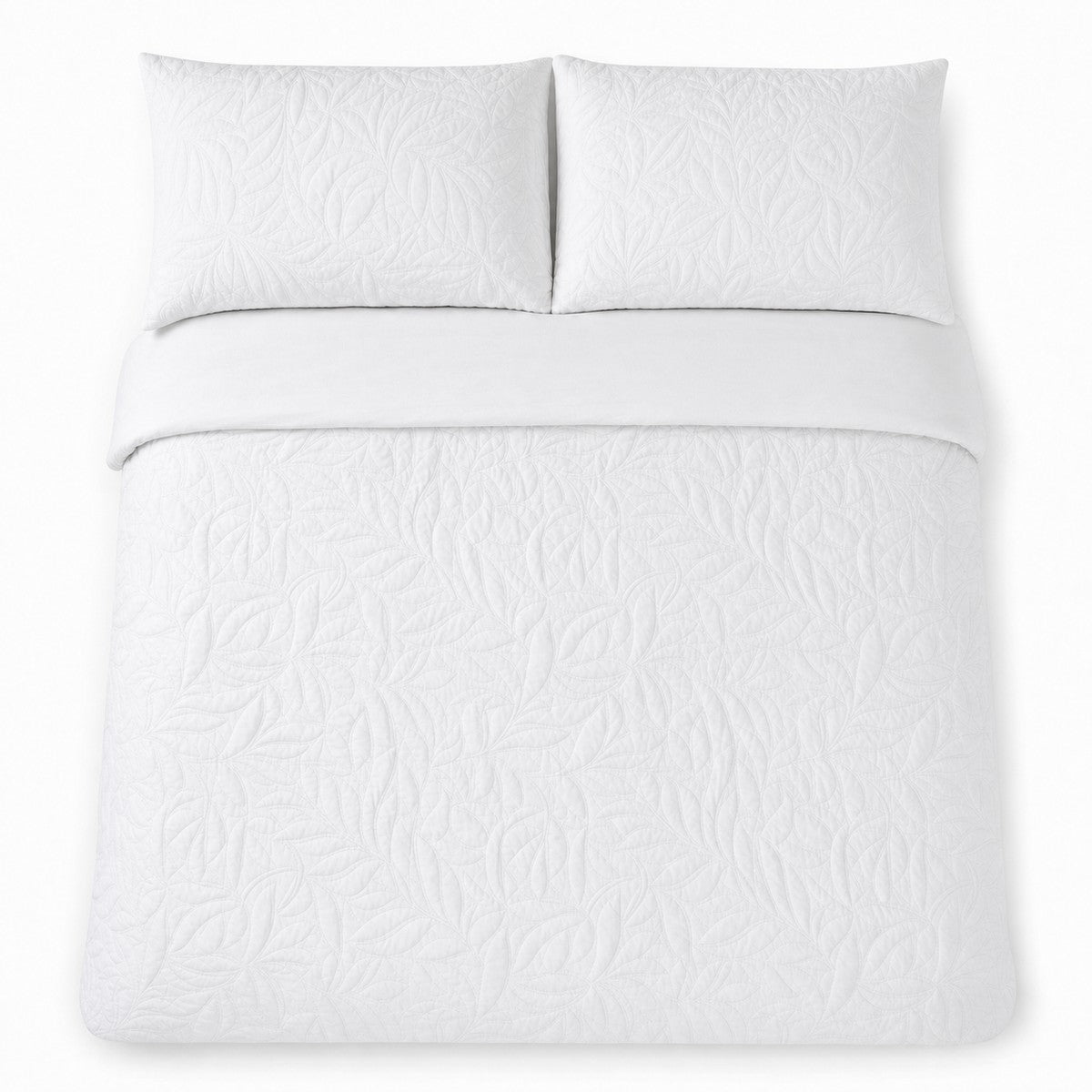 Overhead flat lay of the Luana White duvet cover set with two matching pillowcases