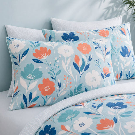 Close-up of Luna duck egg floral pillowcases showing blue coral and white flower print