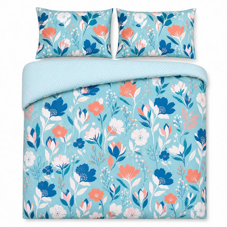 Overhead flat lay of the Luna duck egg floral duvet cover set with two pillows