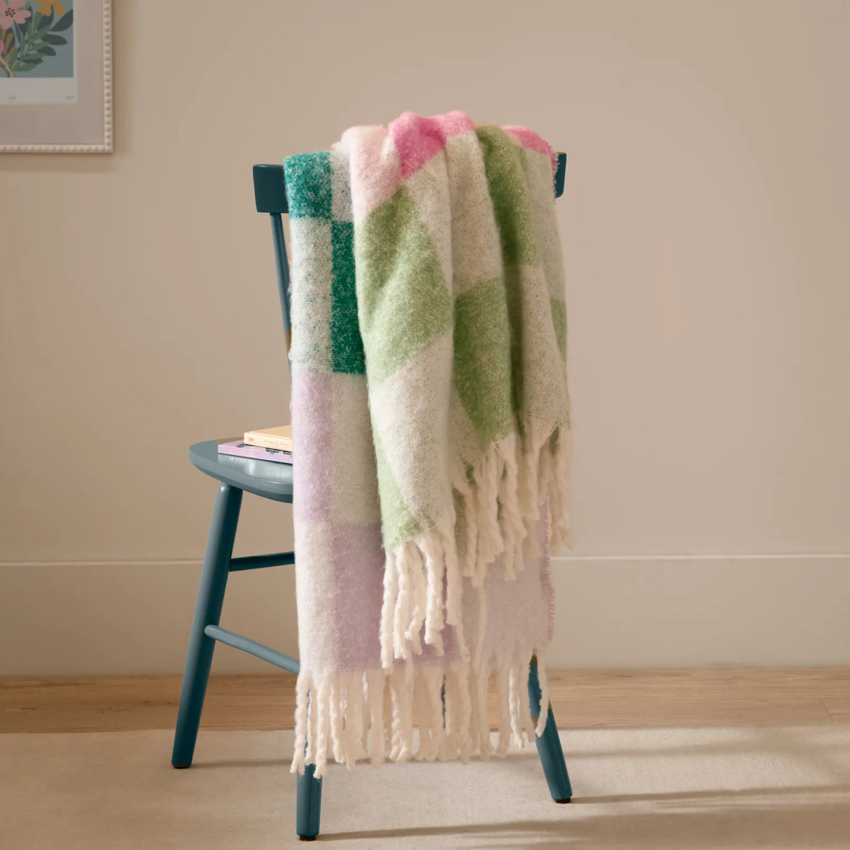 Maisie Checked Tasselled Throw Aqua Blossom 130 x 180cm - image 1