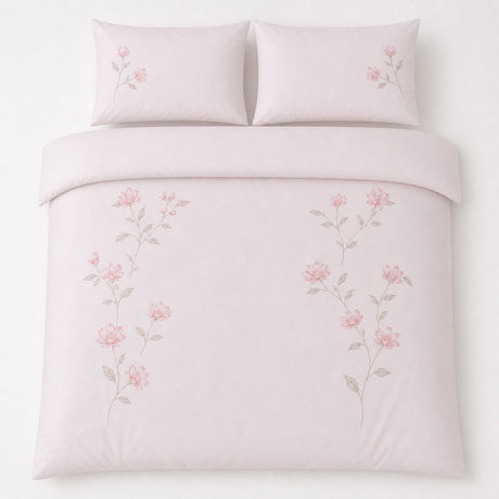Overhead flat lay of the Margot Polycotton Duvet Cover Set in pink with two matching pillowcases