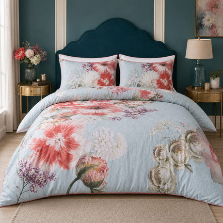 Mayfair Lady blue cotton sateen floral duvet cover set styled on an elegant bedroom bed