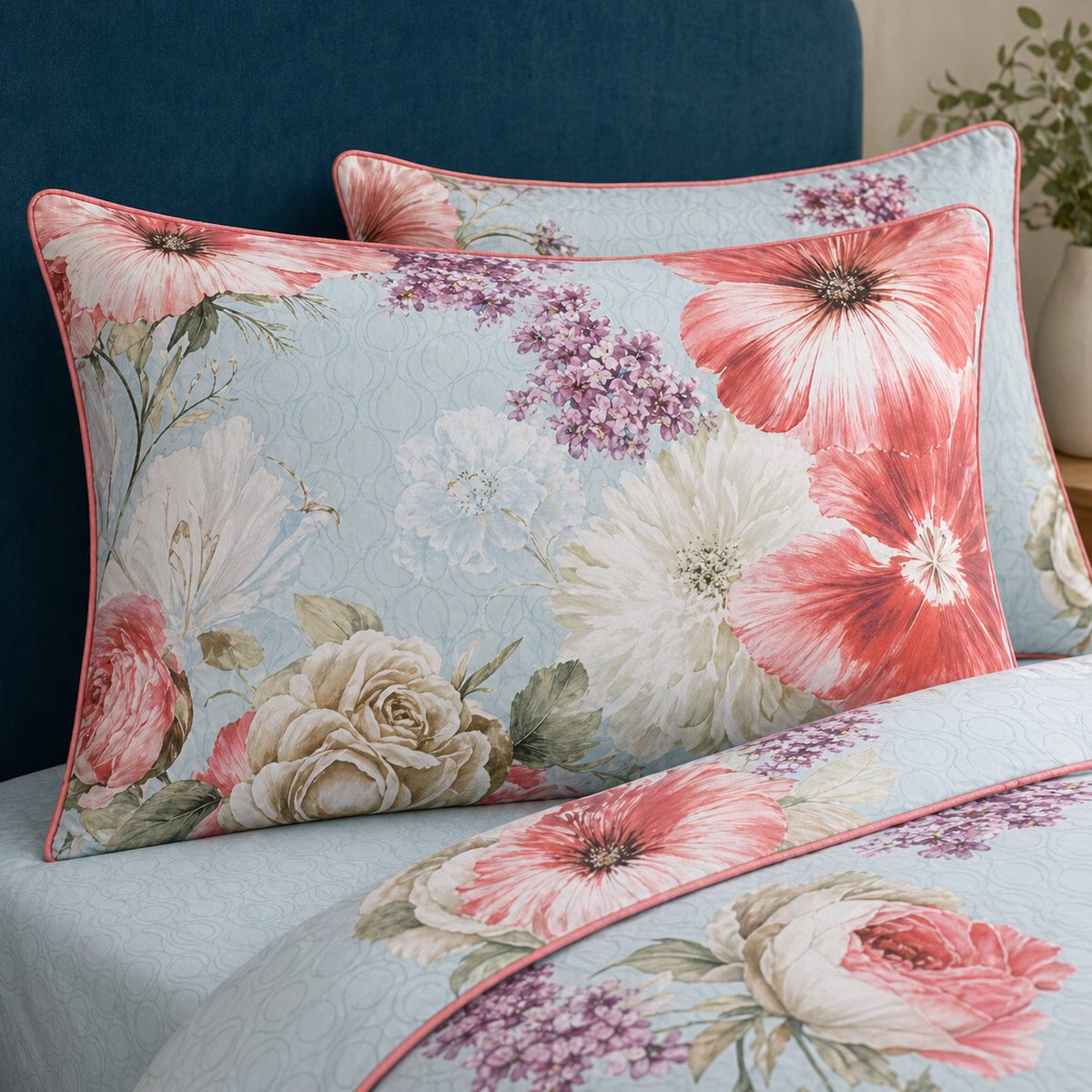 Close-up of Mayfair Lady cotton sateen pillowcases with oversized floral print and pink piping