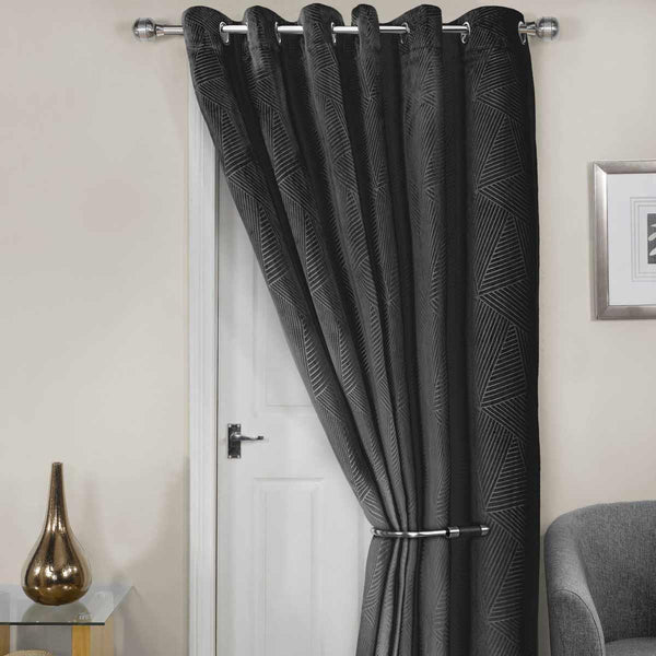Midnight Thermal Eyelet Door Curtain Embossed Velvet Woven Black - Ideal