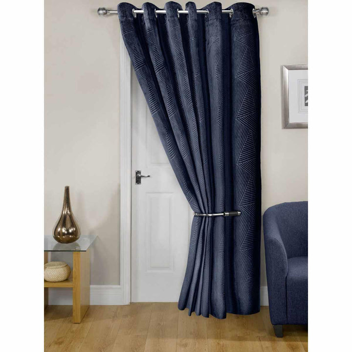 Midnight Thermal Eyelet Door Curtain Embossed Velvet Woven Navy Blue - Ideal