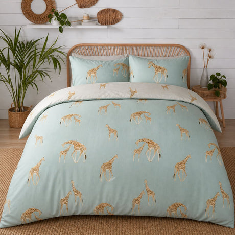 Milo Giraffe Reversible Polycotton Duvet Cover Bedding Set - Duck Egg