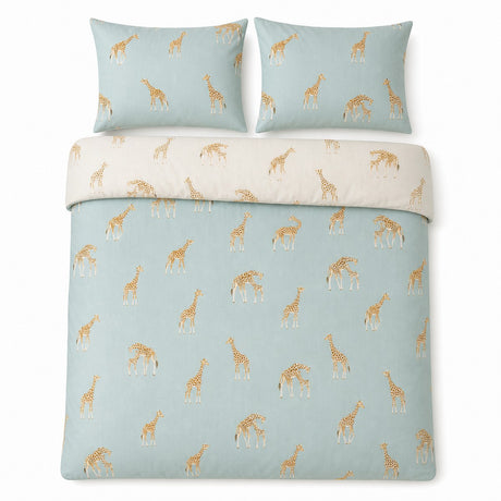 Overhead flat lay of the Milo Giraffe Reversible Polycotton Duvet Cover Bedding Set in duck egg with two matching pillowcases