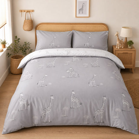 Milo Giraffe Reversible Polycotton Duvet Cover Bedding Set in grey styled on a coordinated bedroom bed