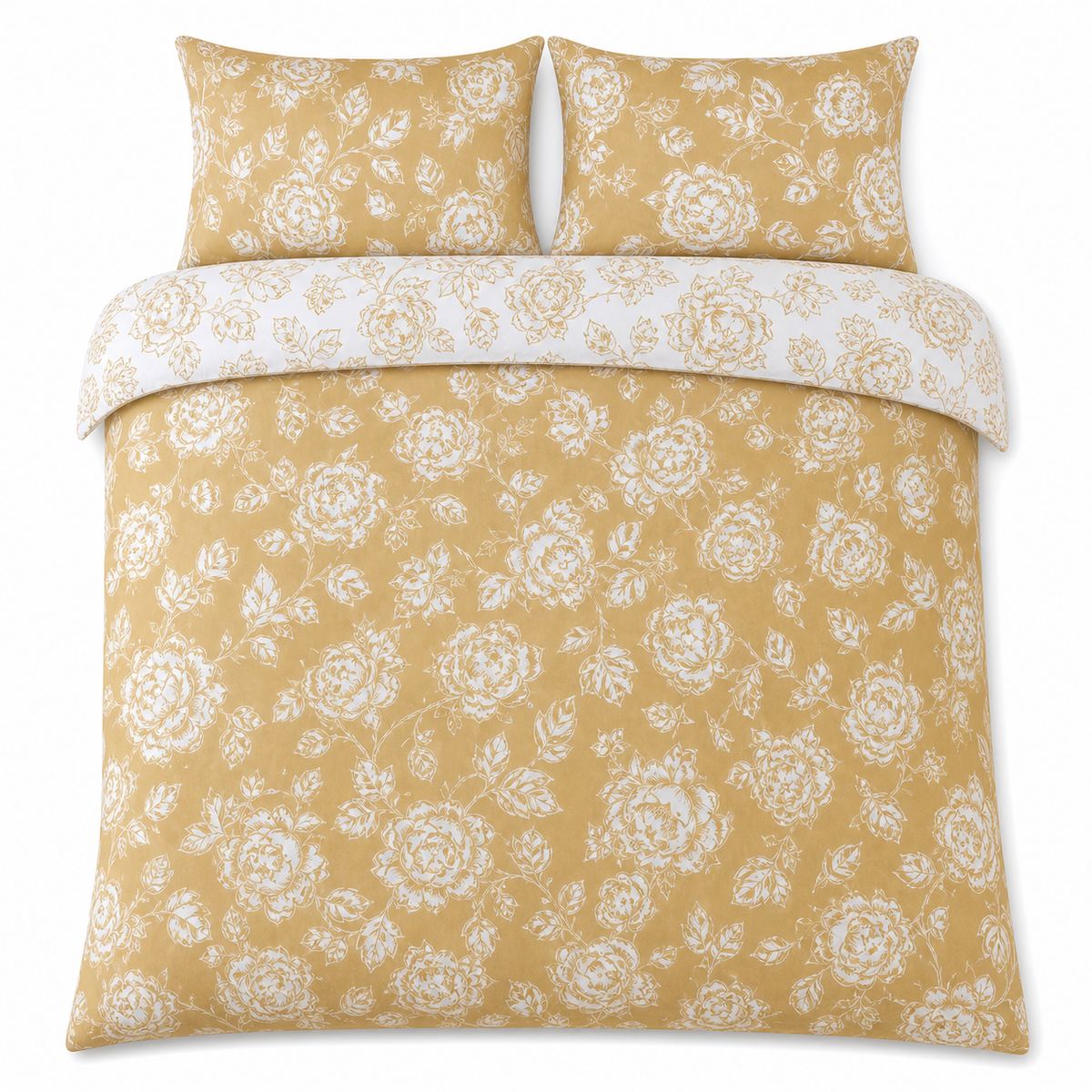 Overhead flat lay of the Mishka Reversible Floral Gold Polycotton Duvet Cover Set with two matching pillowcases