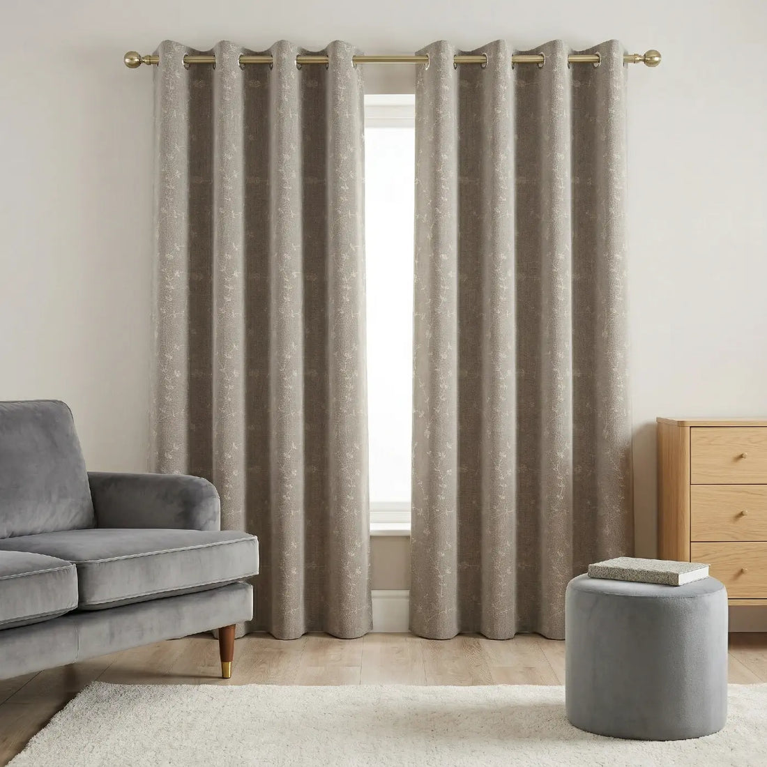 Tivoli Embroidered Eyelet Curtain Linen Look Natural Thermal Blackout