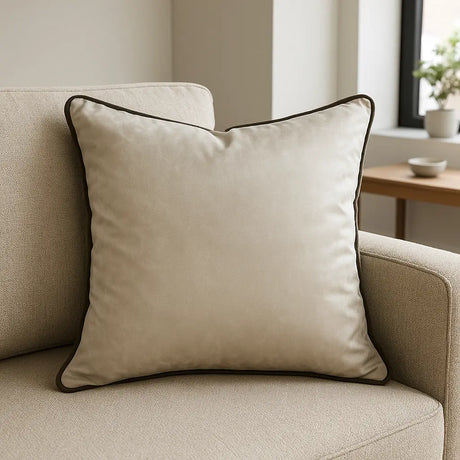 Piped Velvet Cushion Covers 17" x 17" 43x43cm - Natural / Chocolate