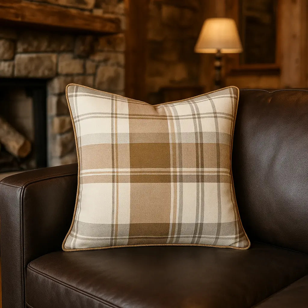 Balmoral Check Cushion Cover Cosy Tartan Pattern 43cm x 43cm - Natural