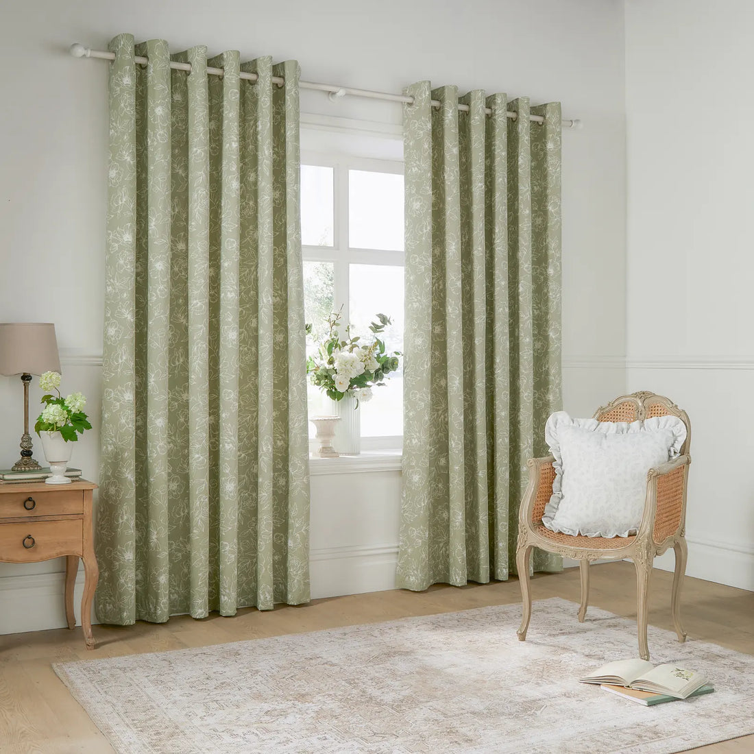 Bella Floral Lined Eyelet Curtains Sage