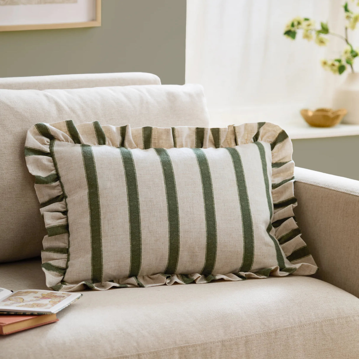 Nature Connie Striped Ruffle Cushion Cover Moss 35 x 50cm - image 1