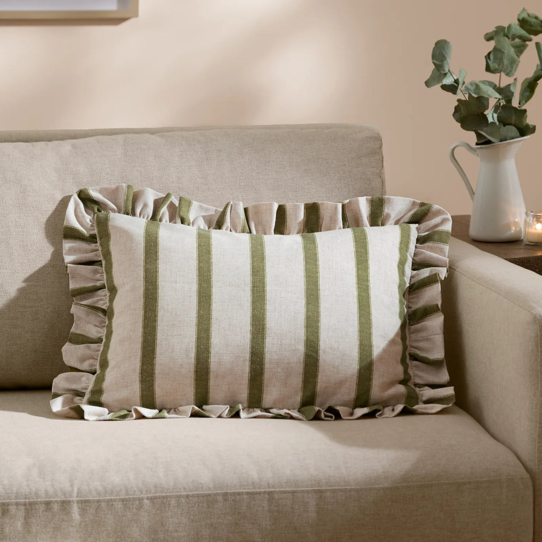 Connie Striped Ruffle Cushion Cover Olive 35 x 50cm