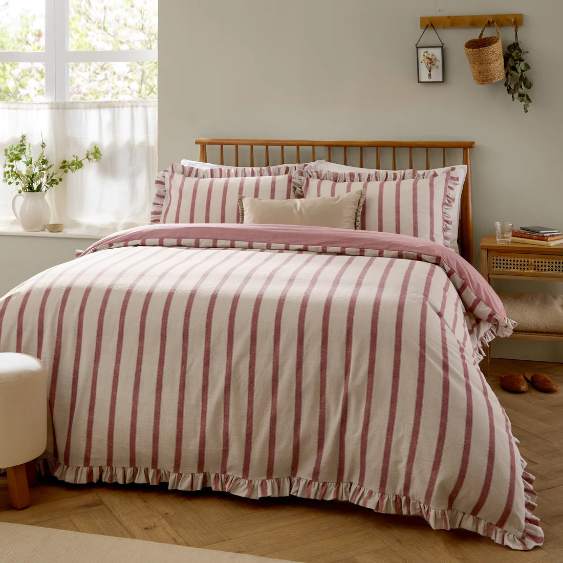 Connie Striped Ruffle Duvet Cover Set Clay Pink