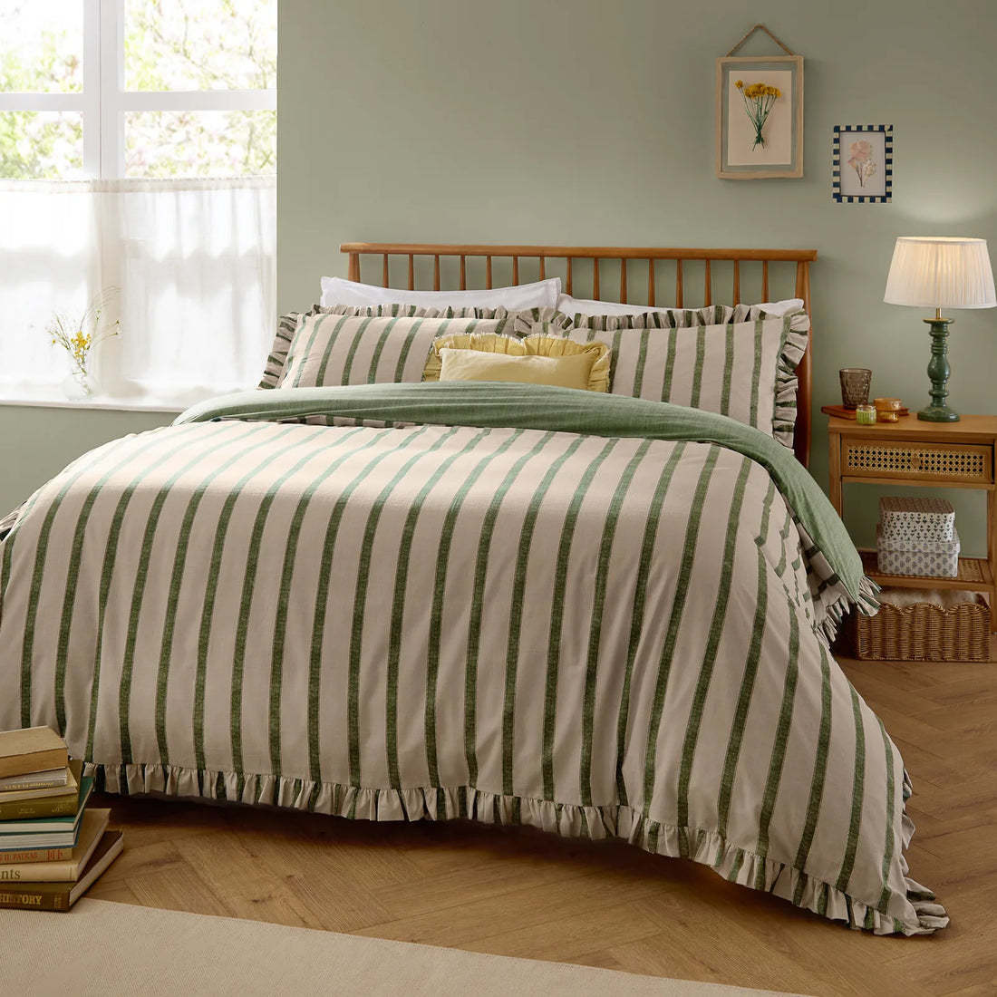 Connie Striped Ruffle Duvet Cover Set Moss