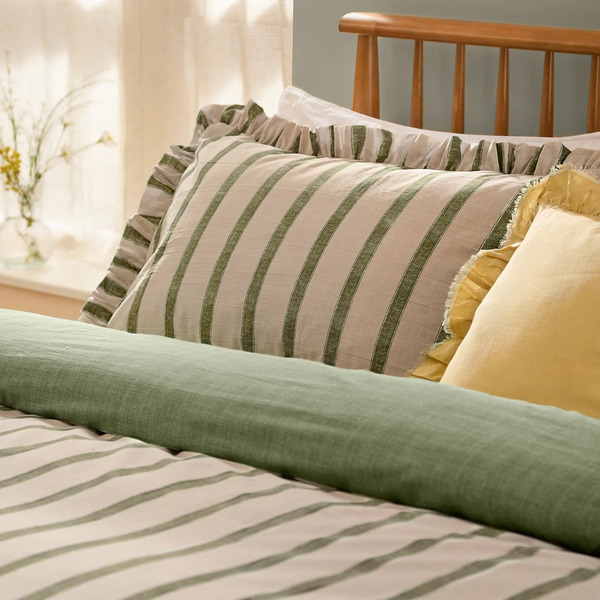 Nature Connie Striped Ruffle Duvet Cover Set Moss - image 3