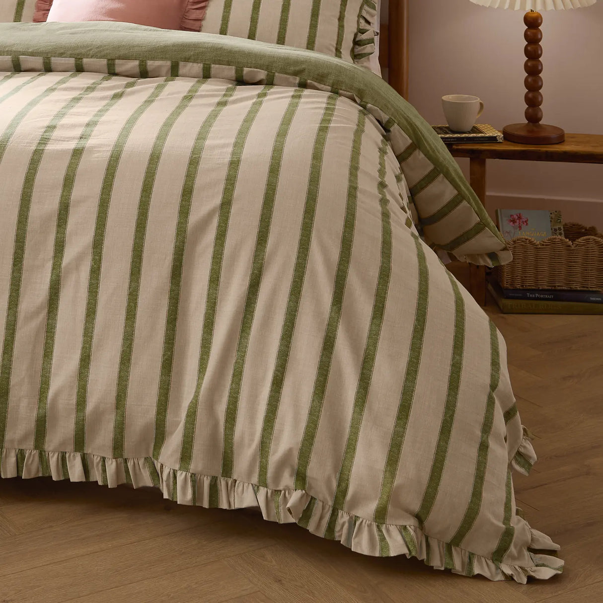 Nature Connie Striped Ruffle Duvet Cover Set Olive - image 4
