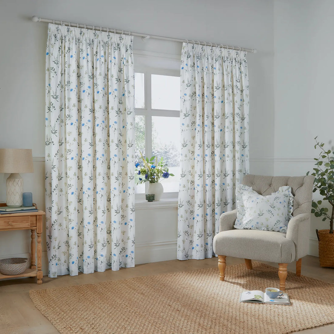 Meadow 100% Cotton Lined Pencil Pleat Curtains White/Cornflower 46" x 54"