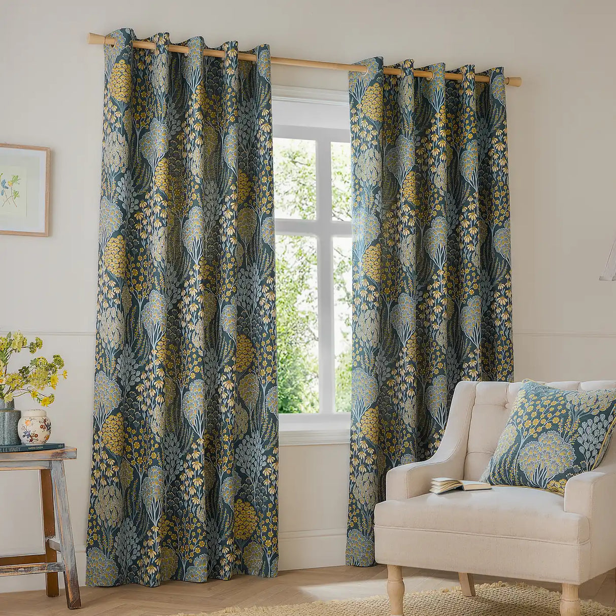 Nature Ophelia Fully Lined Floral Jacquard Eyelet Curtains Blue/Saffron - image 2
