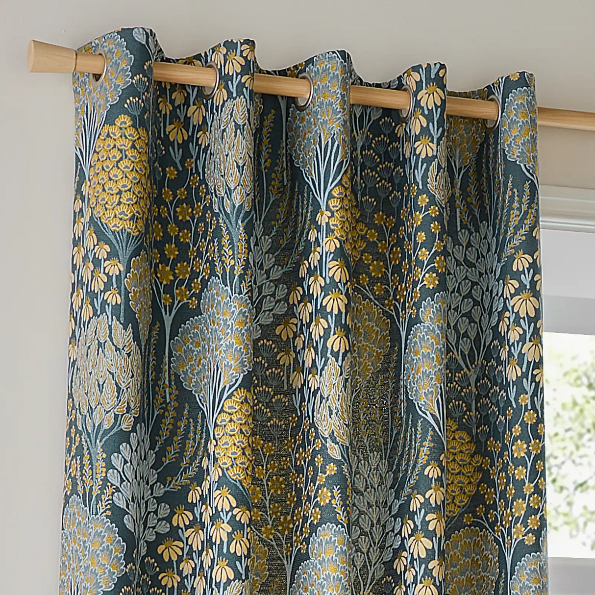 Nature Ophelia Fully Lined Floral Jacquard Eyelet Curtains Blue/Saffron - image 3
