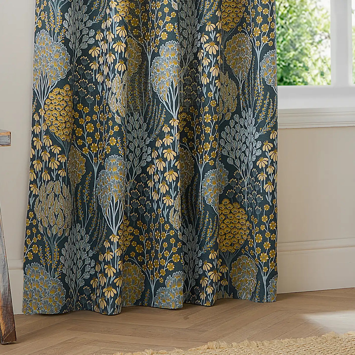 Nature Ophelia Fully Lined Floral Jacquard Eyelet Curtains Blue/Saffron - image 4