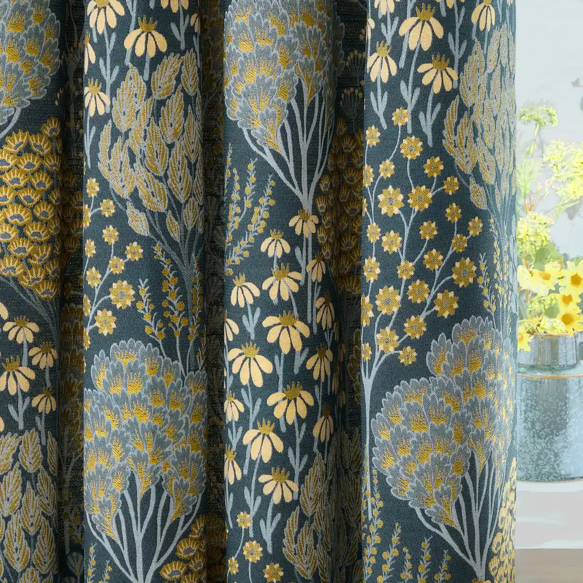 Nature Ophelia Fully Lined Floral Jacquard Eyelet Curtains Blue/Saffron - image 5
