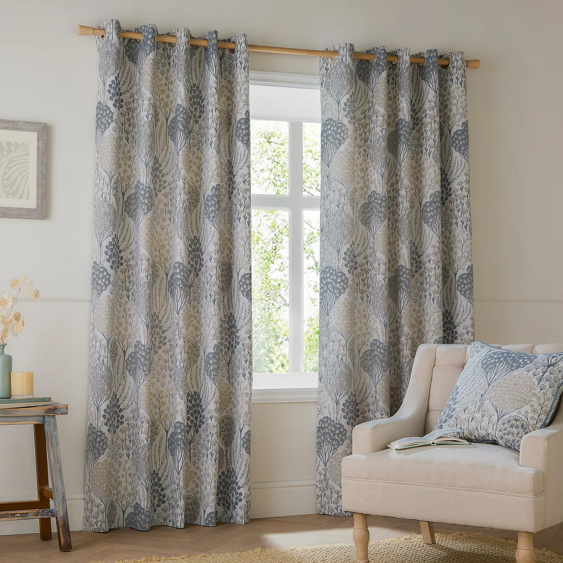 Ophelia Fully Lined Floral Jacquard Eyelet Curtains Wedgewood