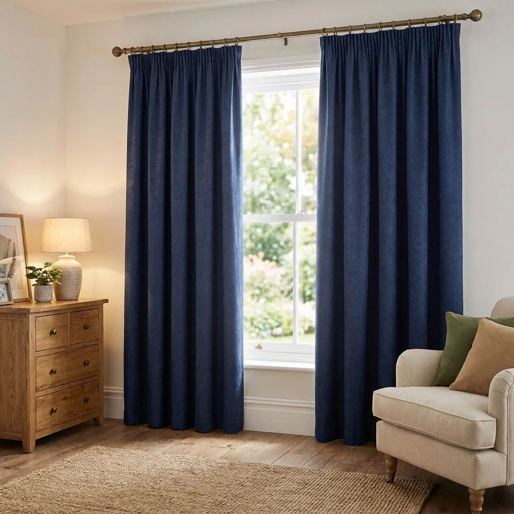 Galaxy Dim Out Woven Thermal Pencil Pleat Curtains - Navy