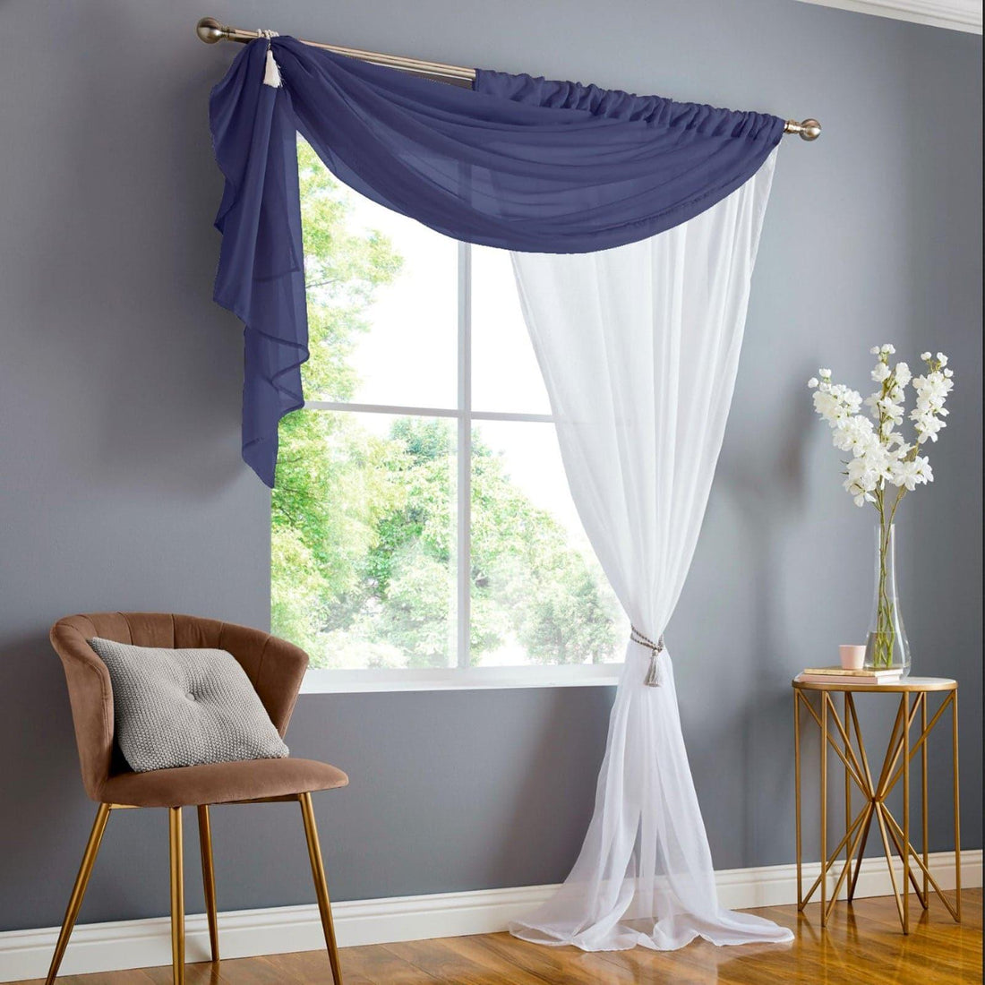 Double Display Sheer Navy Voile Curtains Panel