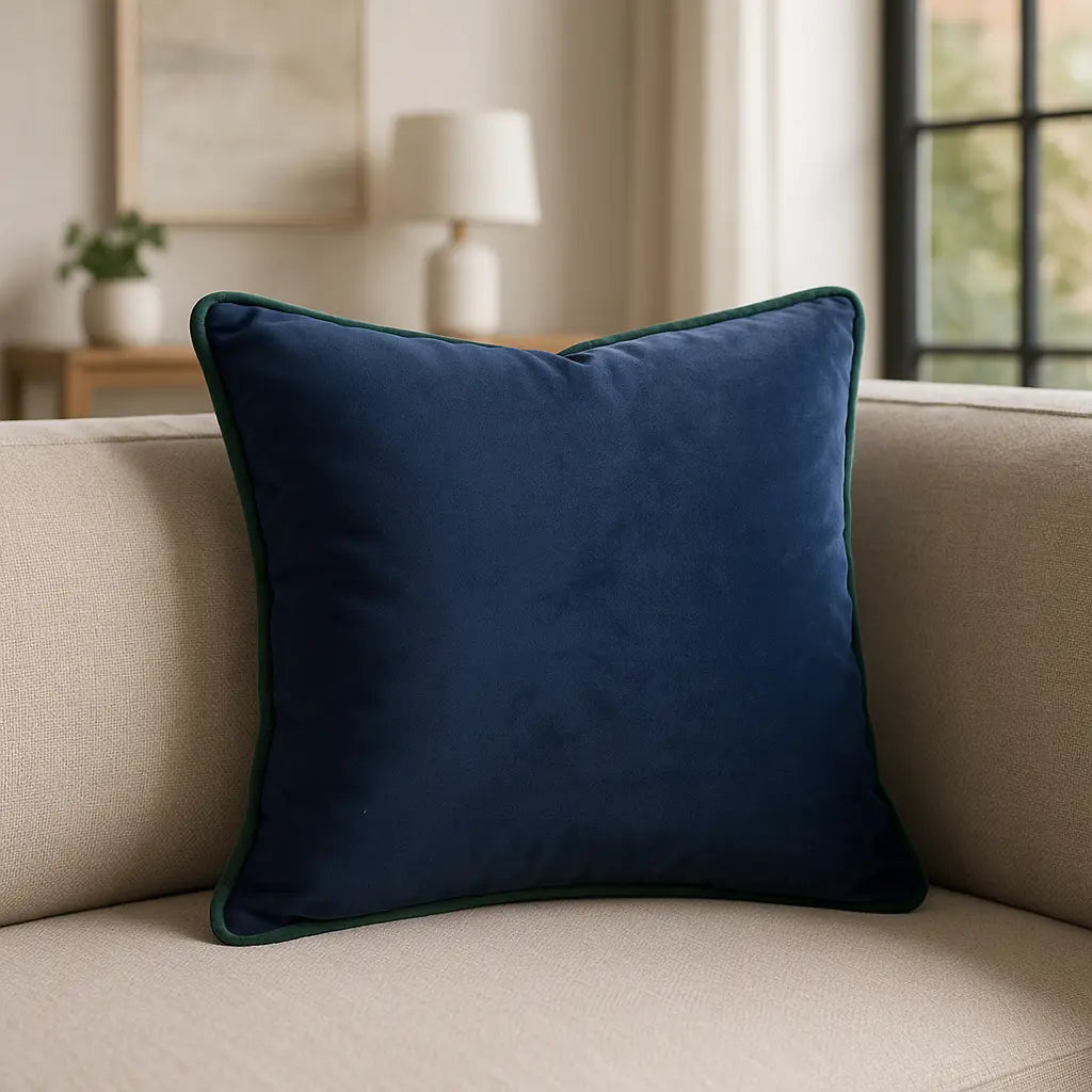 Piped Velvet Navy / Green Cushion Cover s 43cm x 43cm 43x43cm