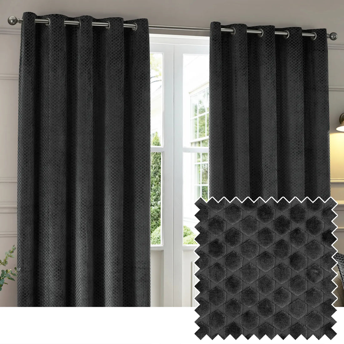 Neptune Fully Lined Velvet Eyelet Curtains Charcoal