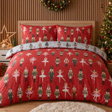Nutcracker Red Christmas Polycotton Duvet Cover Set styled on a bed in a coordinated bedroom lifestyle scene