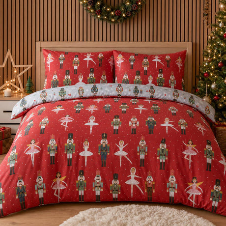 Nutcracker Red Christmas Polycotton Duvet Cover Set styled on a bed in a coordinated bedroom lifestyle scene