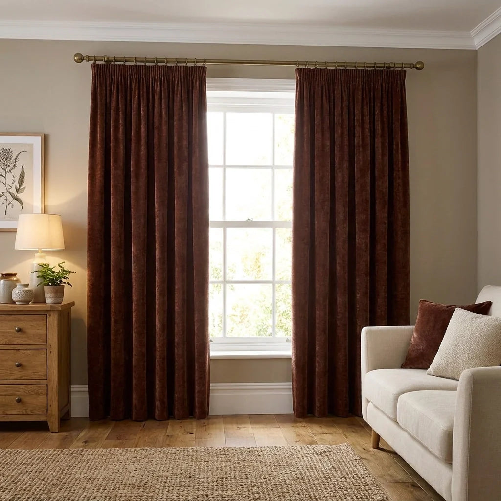 Heavy Lined Nutmeg Velvet Chenille Pencil Pleat Curtains